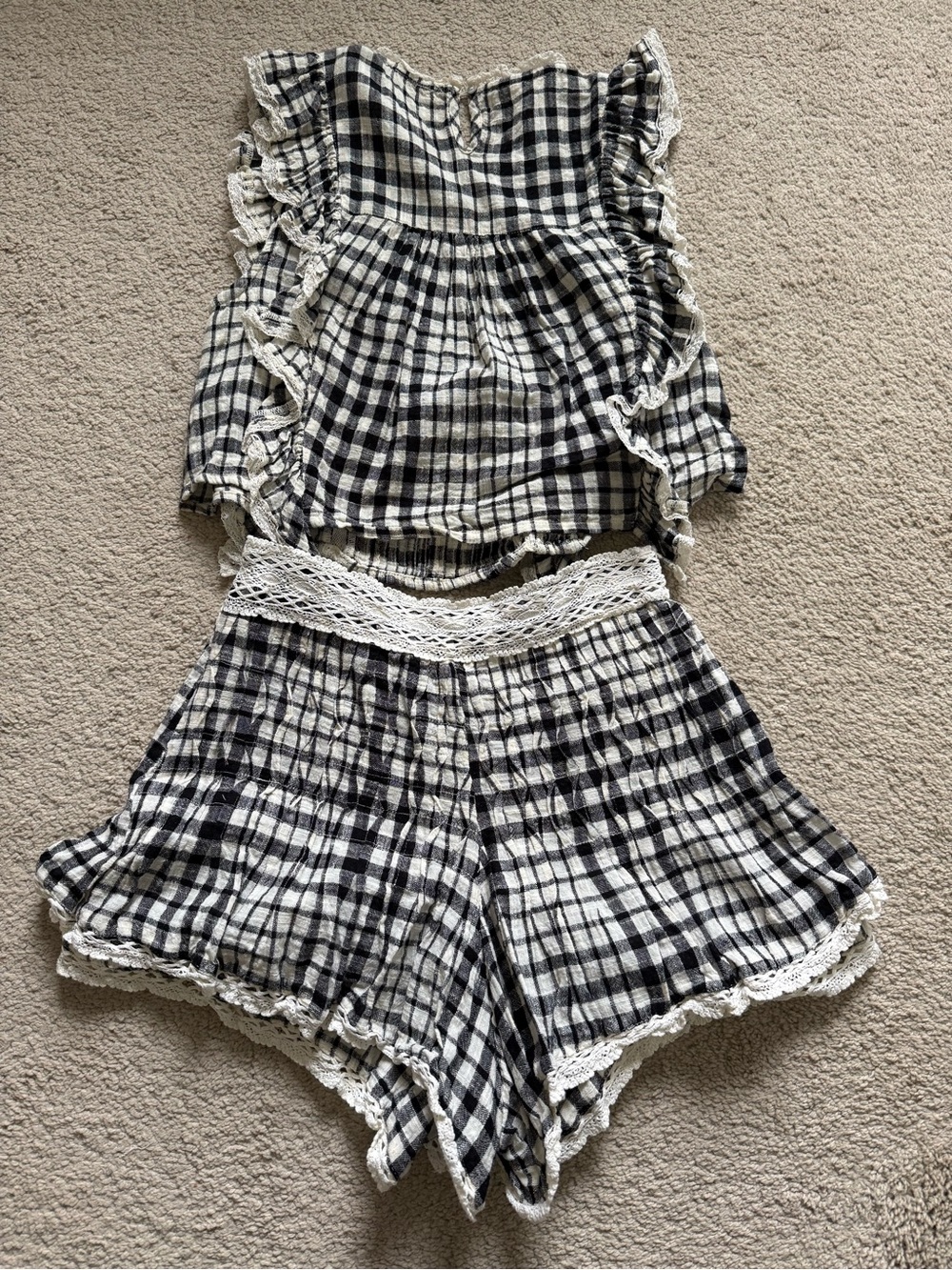 Free People Black and White Gingham Crochet-Trim Shorts Set, size 4, cotton - Picture 3 of 3